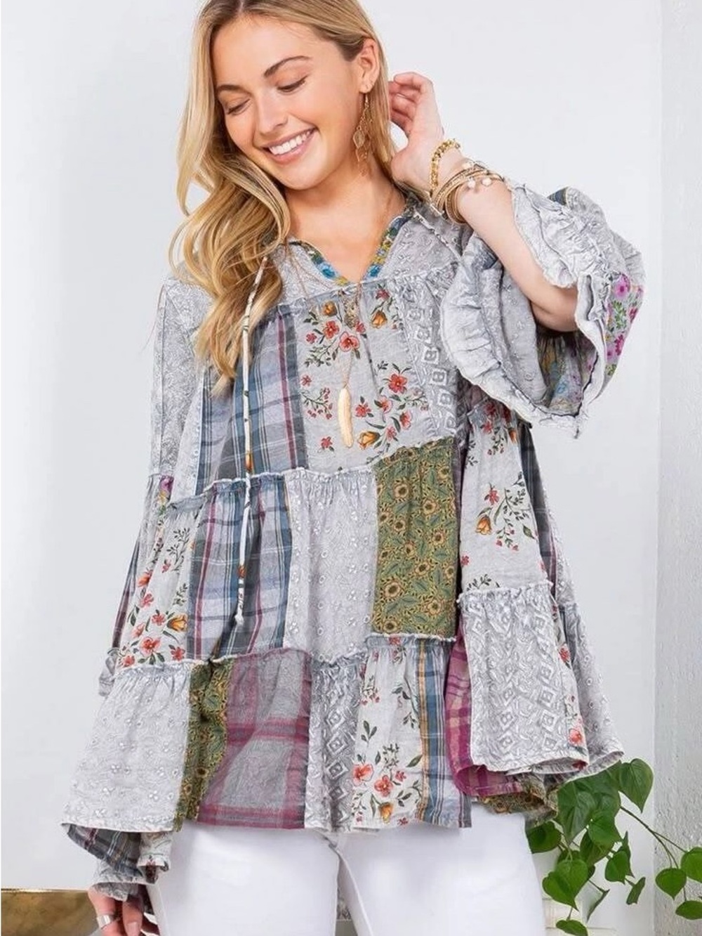 Young threads patchwork bell sleeve top